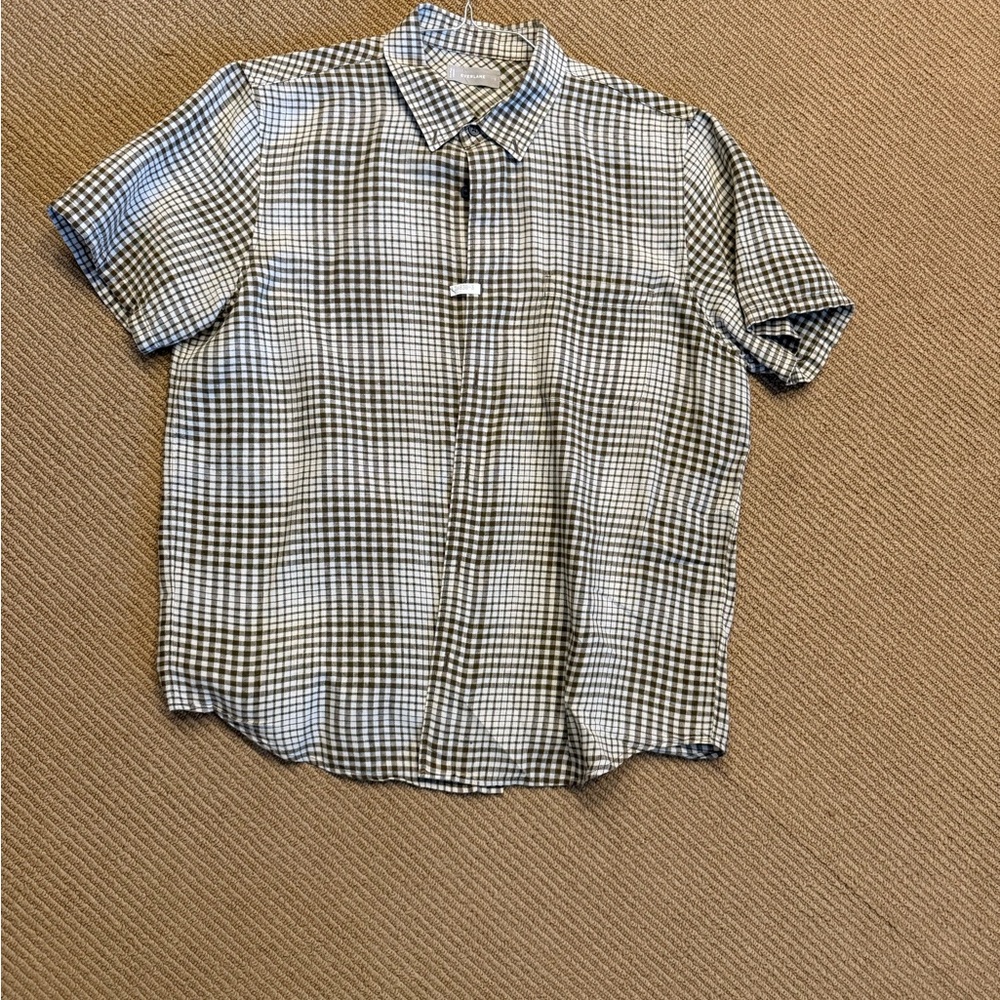 Everlane Men's Brown and White Plaid Short Sleeve Shirt
